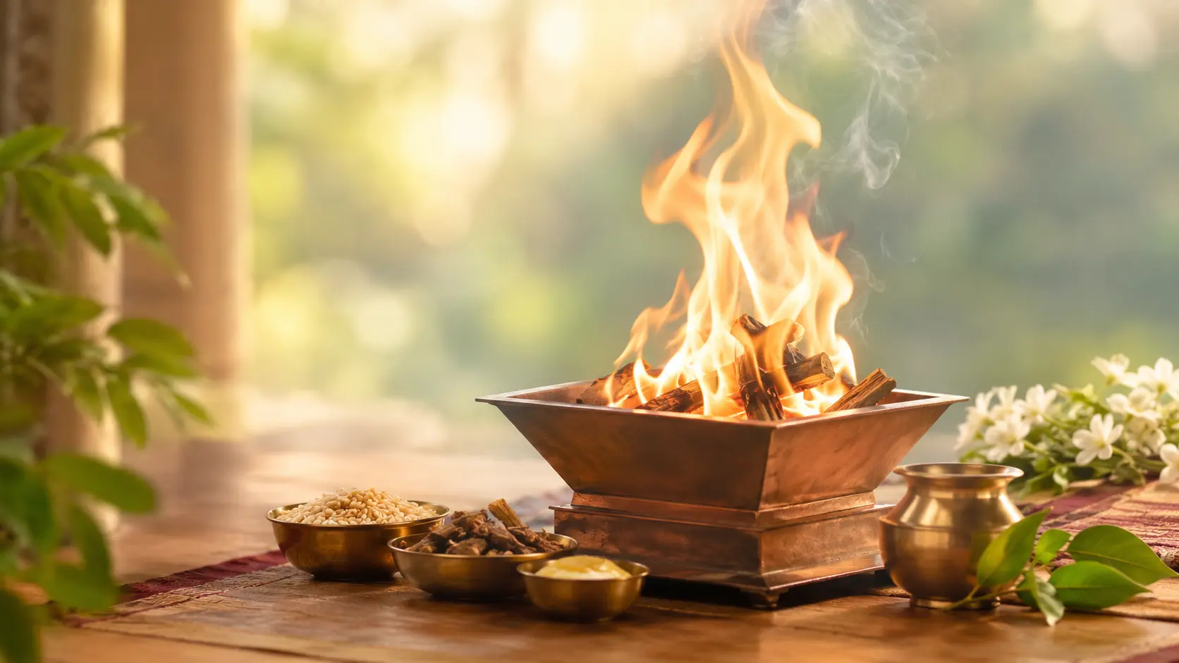 Agnihotra fire in a copper pyramid with traditional offerings Agnihotra fire in a copper pyramid with traditional offerings