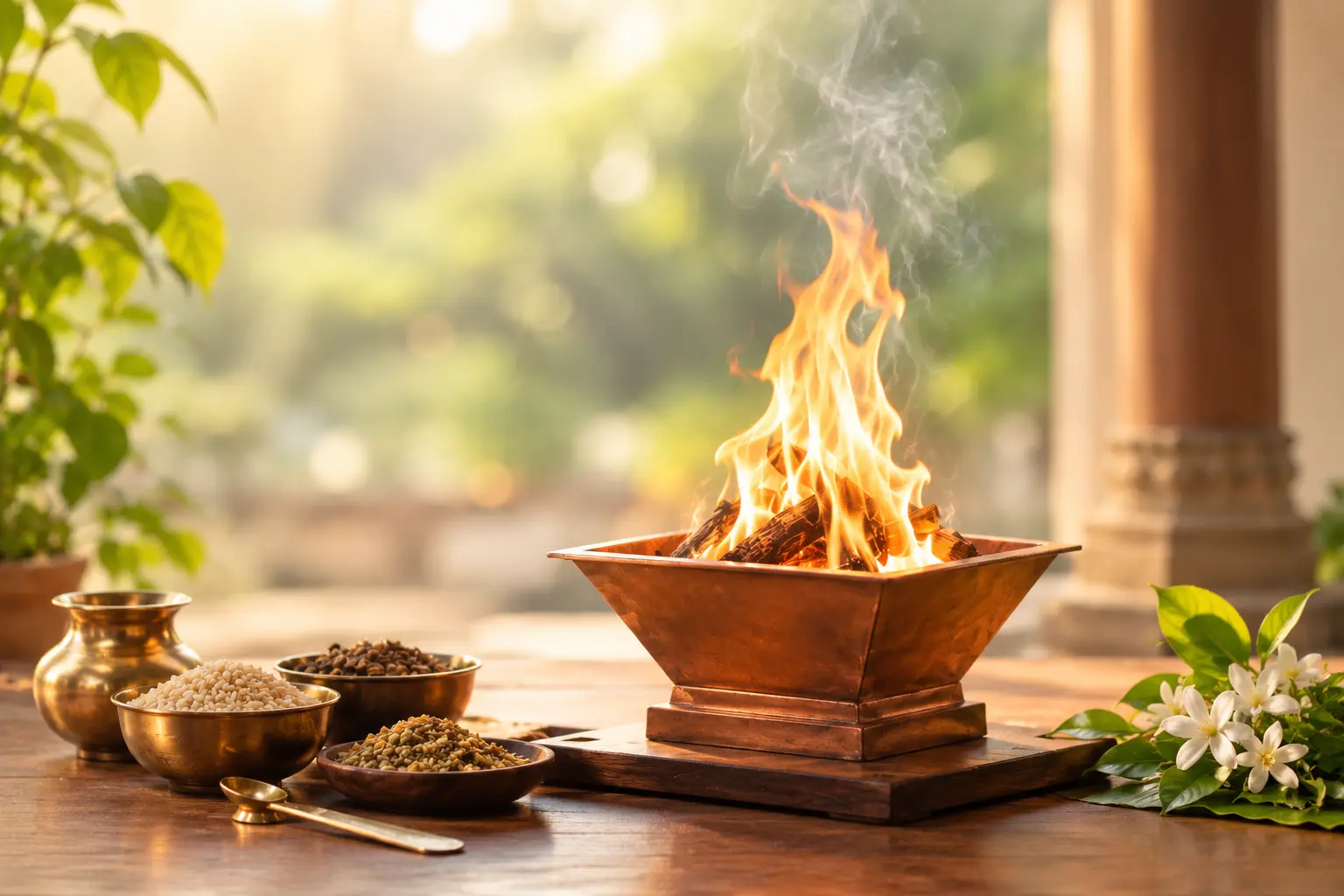 Traditional Agnihotra fire with rice, ghee and other offerings Traditional Agnihotra fire with rice, ghee and other offerings