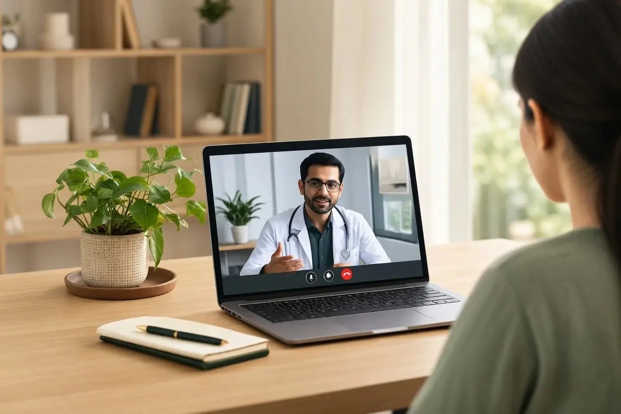 A patient attending a secure online video consultation with a doctor