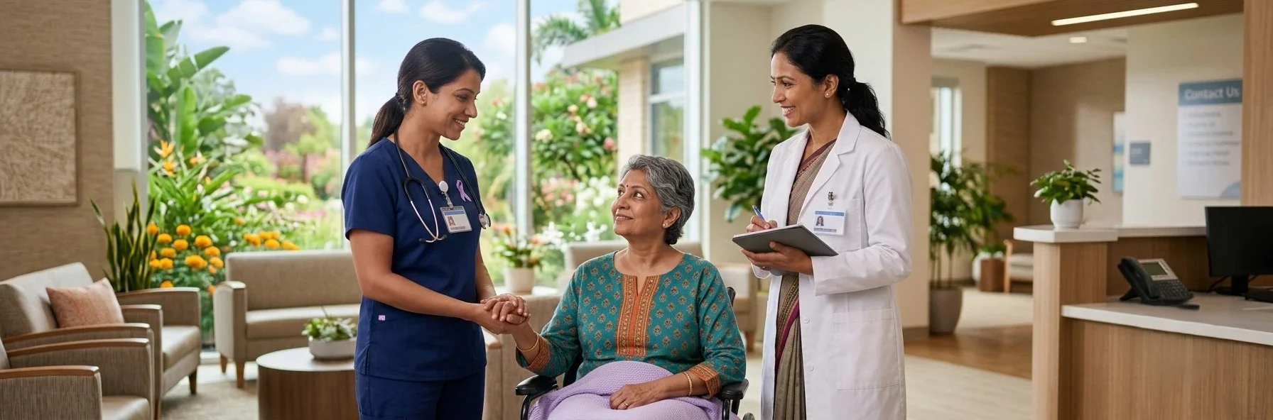 A nurse and doctor warmly greeting a patient at the centre's reception A nurse and doctor warmly greeting a patient at the centre's reception