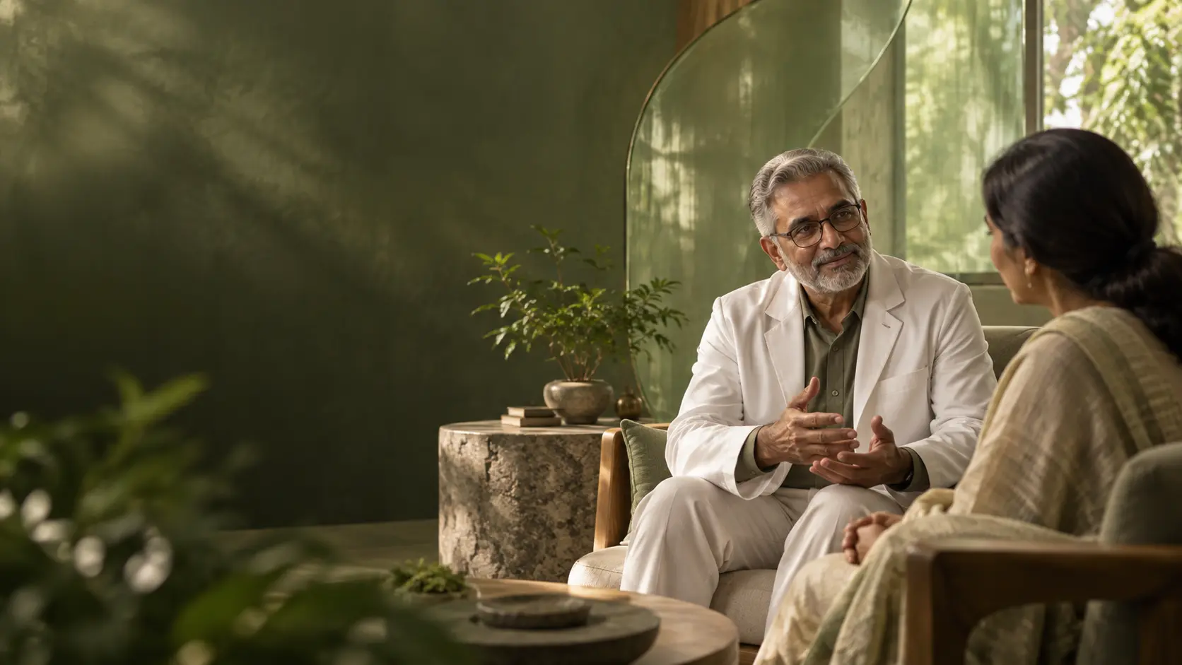 A senior doctor in conversation with a patient in a calm, plant-filled consultation room A senior doctor in conversation with a patient in a calm, plant-filled consultation room
